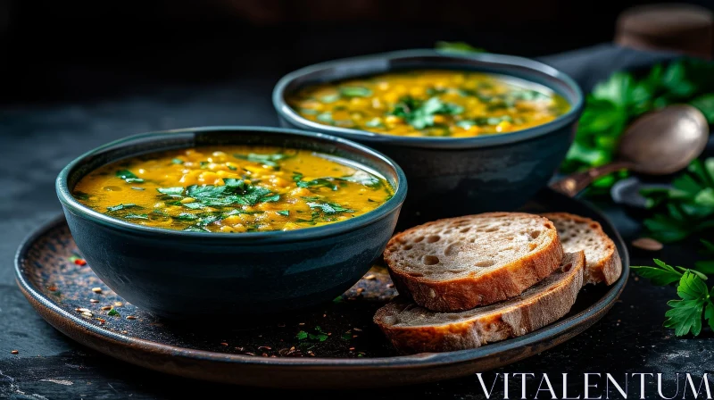 Delicious Lentil Soup with Crusty Bread in Dark Setting AI Image