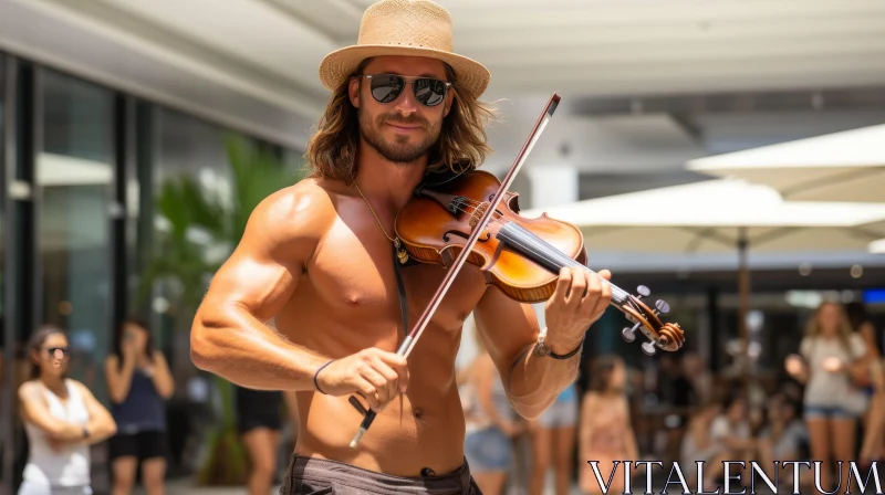 Man Playing Violin in Public Place AI Image