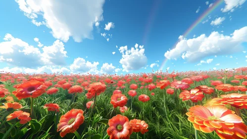 Red Gerbera Daisies Field with Rainbow - Natural Beauty Captured