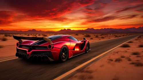 Red Sports Car Driving in Desert Landscape at Sunset