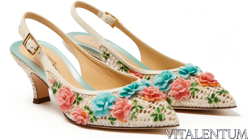 Stylish Women's Floral Shoes on White Background AI Image