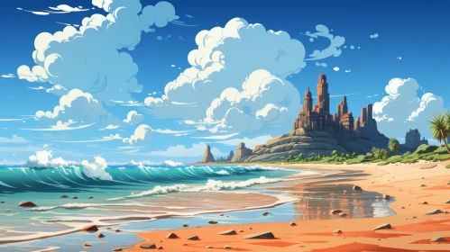 Tranquil Beach Landscape with Castle on Cliff