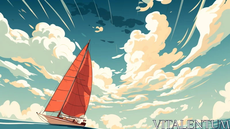 AI ART Vintage Cartoon Sailboat Sailing on Rough Sea