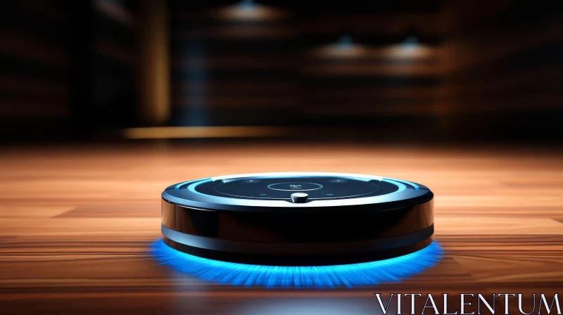 AI ART Black and Blue Robot Vacuum Cleaner on Wooden Floor