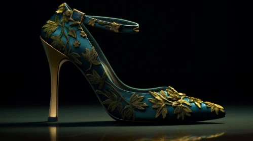 Dark Green High-Heeled Shoe with Gold Floral Embroidery