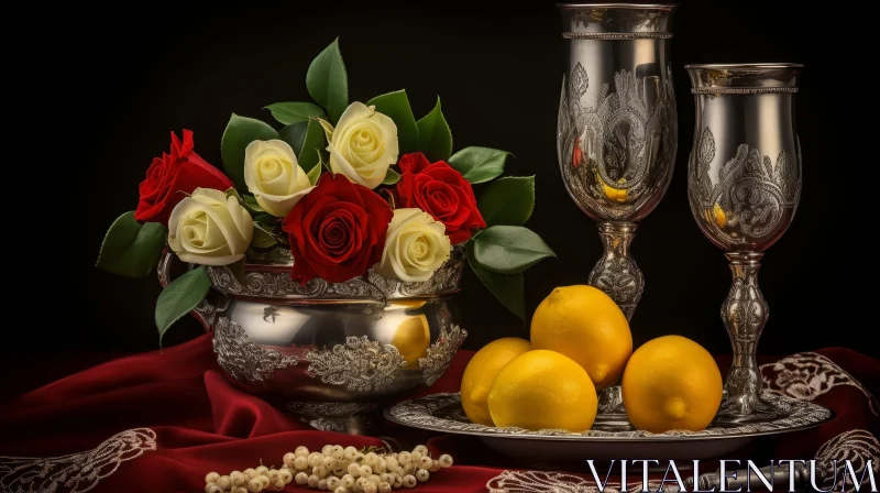 Elegant Still Life Composition with Roses and Silver Elements AI Image
