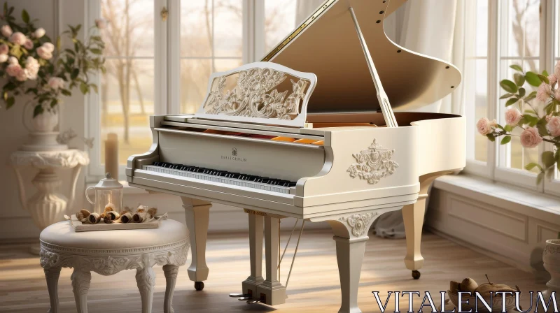 AI ART Elegant White Grand Piano in Bright Room