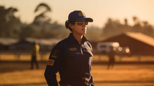 Female Firefighter in Blue Uniform Standing in Field