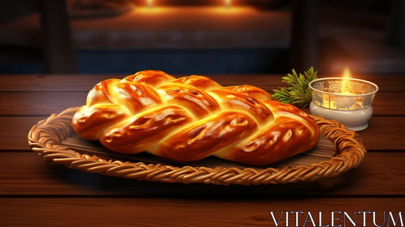 Golden Brown Braided Loaf of Bread on Wooden Table AI Image