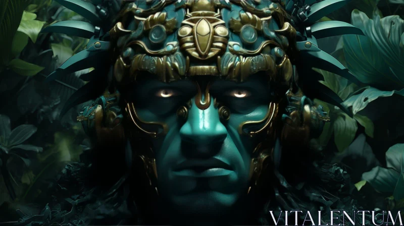 Mayan Warrior Portrait in Dark Green and Blue AI Image