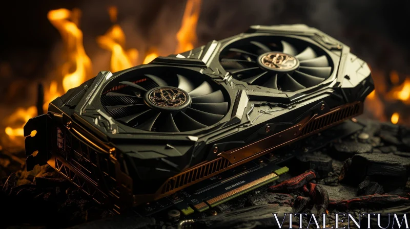 Modern Graphics Card with Green Glowing Fans and Fire AI Image