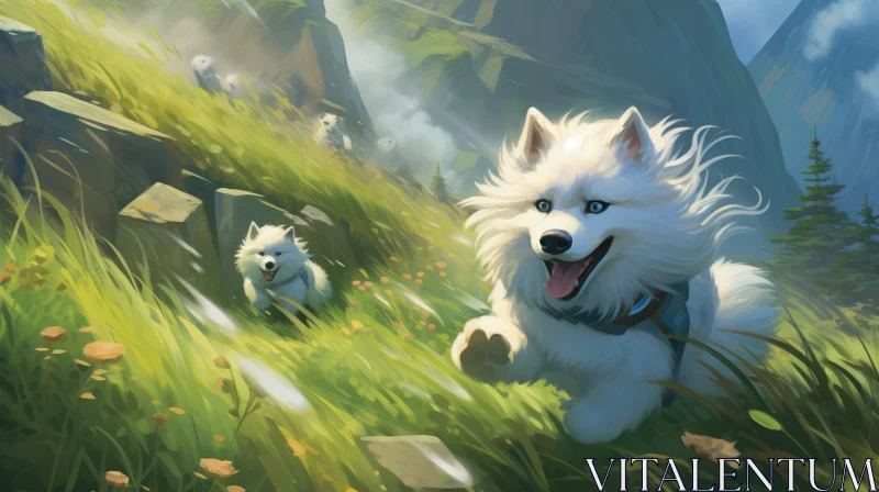 Playful Pack of Fluffy Dogs in Nature AI Image
