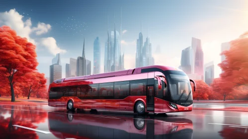 Red Futuristic Bus in Modern City