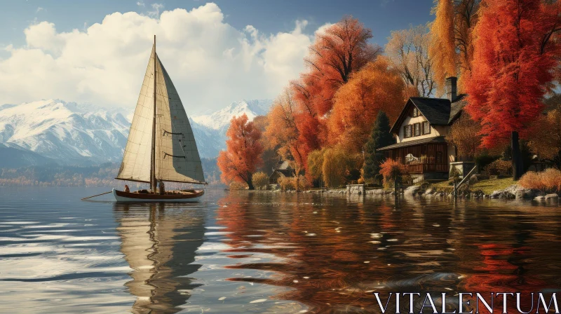 AI ART Tranquil Fall Lake Landscape with Sailboat