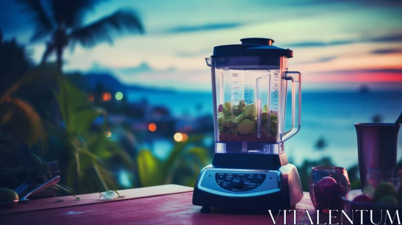 Tropical Sunset Blender with Green Fruit on Wooden Table AI Image