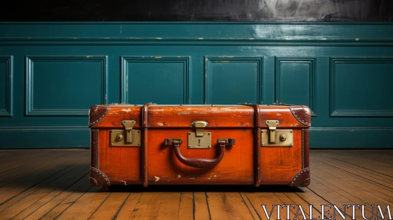 AI ART Vintage Brown Suitcase on Wooden Floor