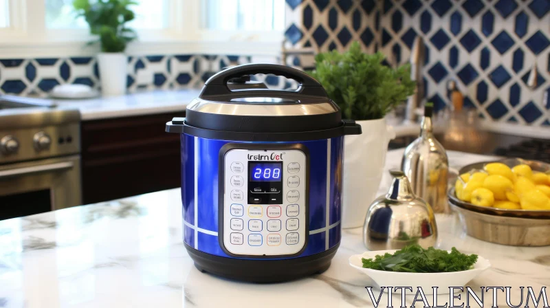 Blue Instant Pot Duo 7-in-1 Multi-Cooker on Kitchen Counter AI Image
