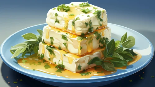 Creamy White Cheese Plate with Olive Oil and Parsley