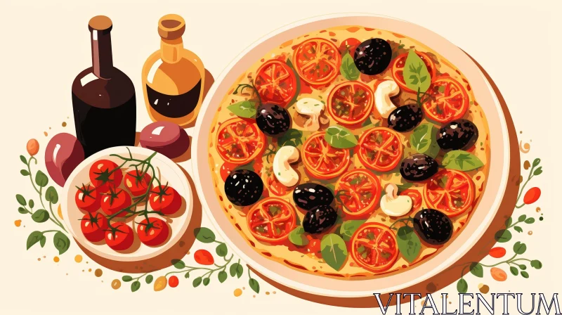 AI ART Delicious Pizza with Tomatoes, Olives, and Mushrooms