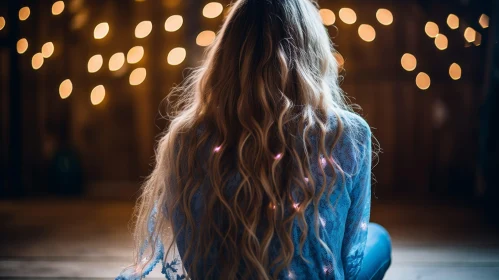 Enchanting Woman in Blue Dress with Fairy Lights