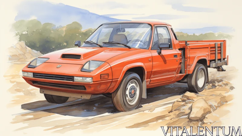 Orange Pickup Truck on Dirt | Realistic Watercolor | Futuristic Design AI Image