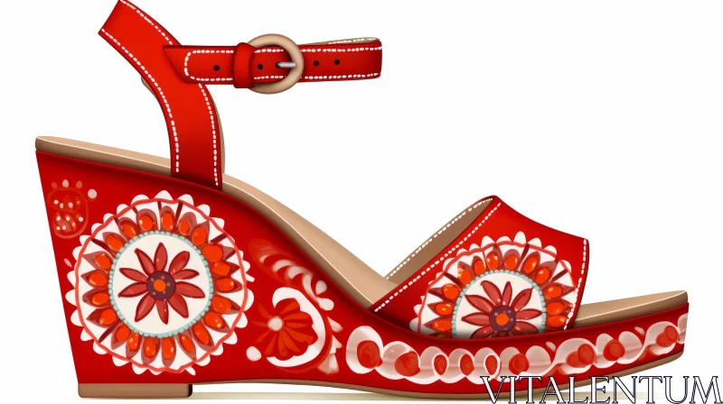 Red Leather Wedge Sandals with Floral Pattern - Fashion Illustration AI Image