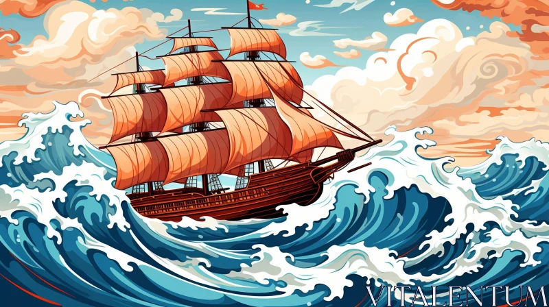 Sailing Ship on Rough Sea Digital Painting AI Image