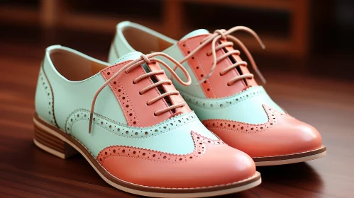 Stylish Mint Green and Coral Pink Leather Shoes on Wooden Surface