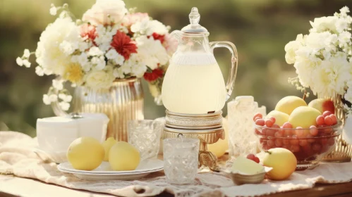 Summer Table Setting with Lemonade and Flowers