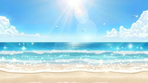 Tranquil Beach Scene with Sun and Seagulls