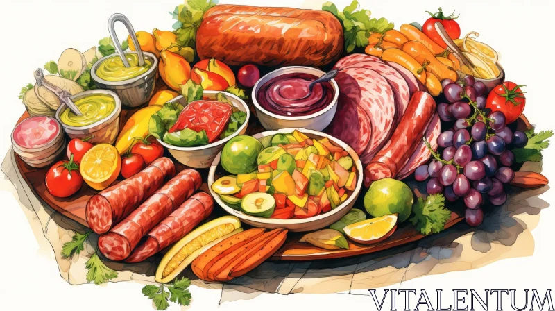 Watercolor Painting of Food Platter AI Image