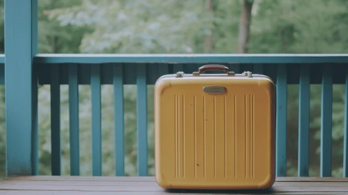 Yellow Suitcase on Wooden Porch: Vibrant Image
