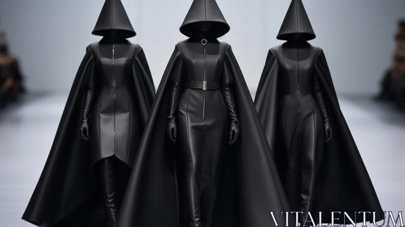 AI ART Black Leather Hooded Cloaks Fashion Show Runway Editorial Models