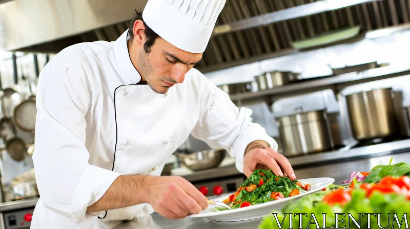 Chef Plating Salad in Commercial Kitchen AI Image