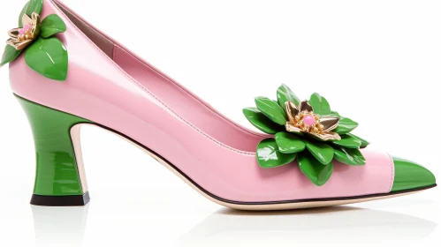 Pink High-Heeled Shoes with Green Floral Appliques