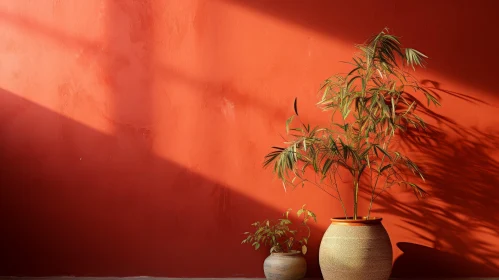 Potted Plants Still Life Against Red Wall