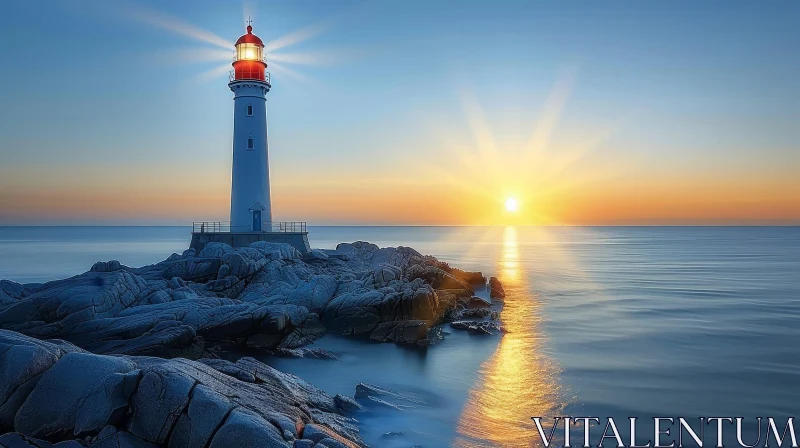 AI ART Serene Sea View: Lighthouse on Rocky Coast at Sunset