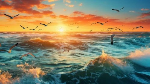 Serene Seascape at Sunset - Ocean Waves and Seagulls