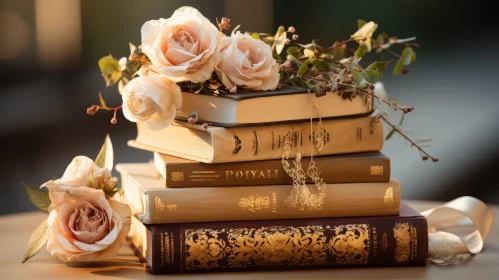 Vintage Books with Pink Rose Bouquet
