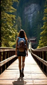 Woman Walking Across Wooden Bridge in Coniferous Forest