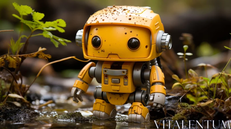Yellow Robot in Water - Metal Robot in Nature Scene AI Image