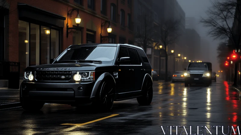 Black Land Rover Driving in Rainy Night - Street Style Realism AI Image