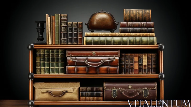 Dark Wooden Shelf with Old Books and Leather Suitcases AI Image
