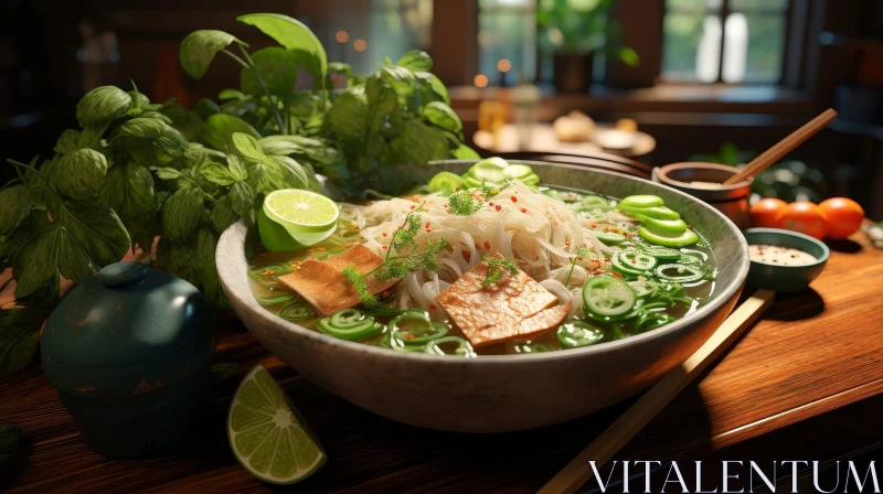 Delicious Vietnamese Pho Soup on Wooden Table AI Image