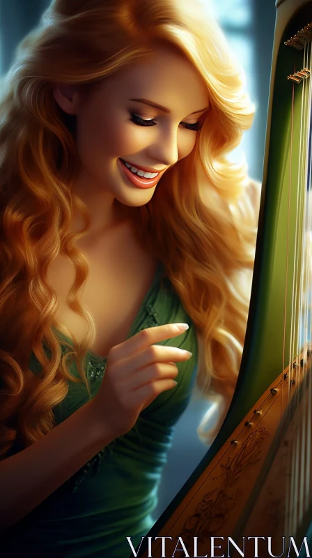 Enchanting Woman Playing Harp in Studio AI Image