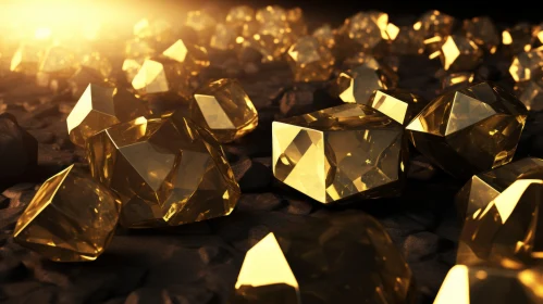 Golden Crystals 3D Rendering on Dark Surface