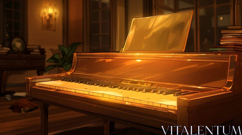 Golden Piano in Dimly Lit Room AI Image