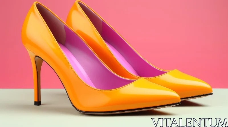 AI ART Stylish Orange High Heel Shoes on Pink Surface