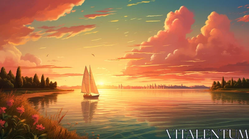 Tranquil Lake Sunset Painting AI Image