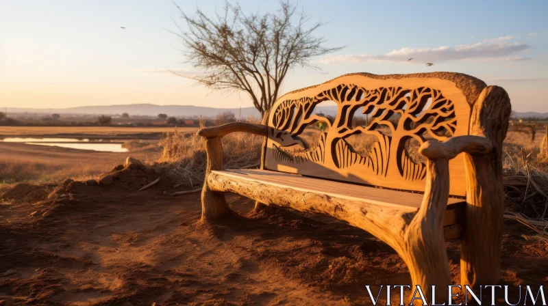 Tranquil Nature Scene with Wooden Bench and Intricate Designs AI Image